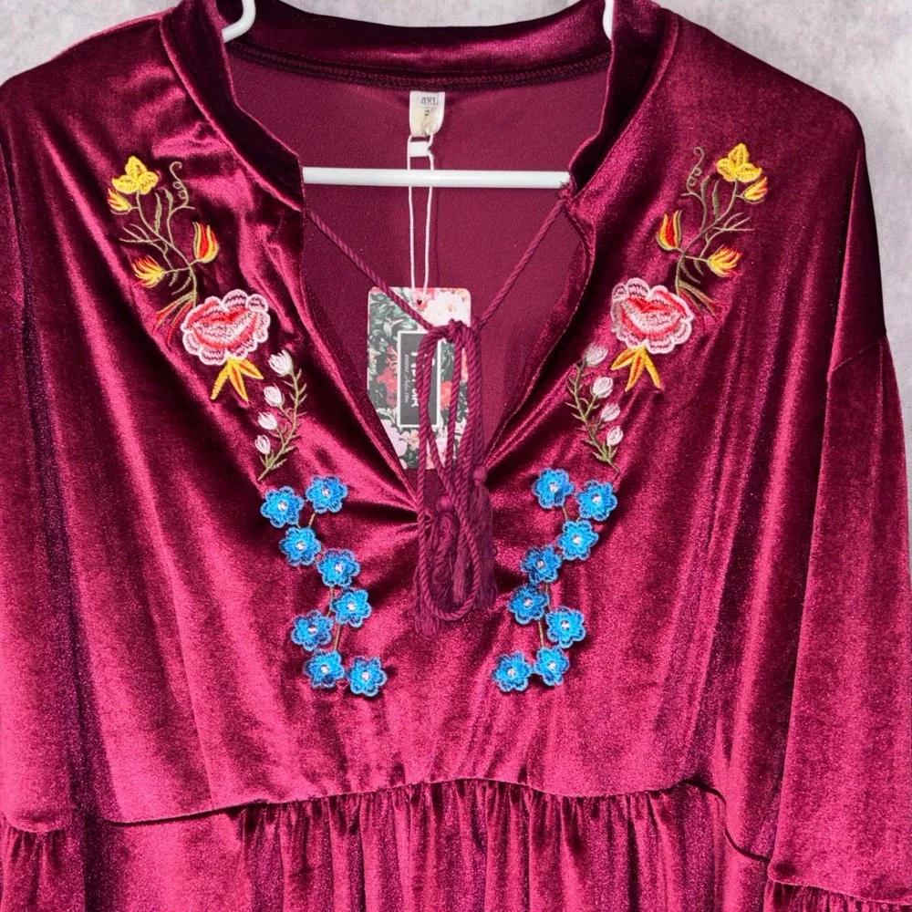 New Women's Plus Size 4X Velvet Embroidered Boho Dress Burgundy Floral Tassel
